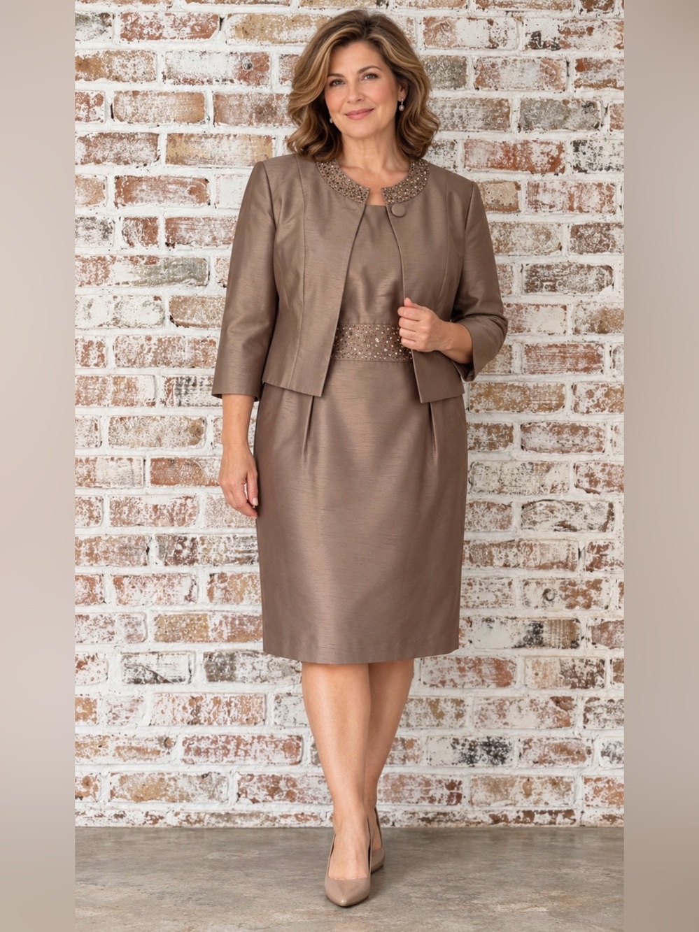 David’s Bridal Taupe Beaded Dress & Jacket Set Size 18 Wedding Guest Excellent!